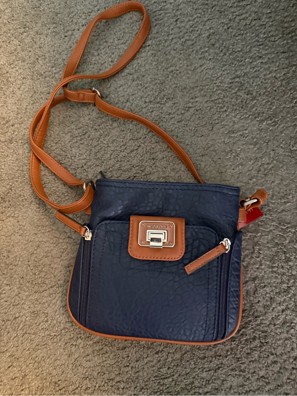 Rosetti Navy Crossbody Bag with Tan Trim and Adjustable Strap